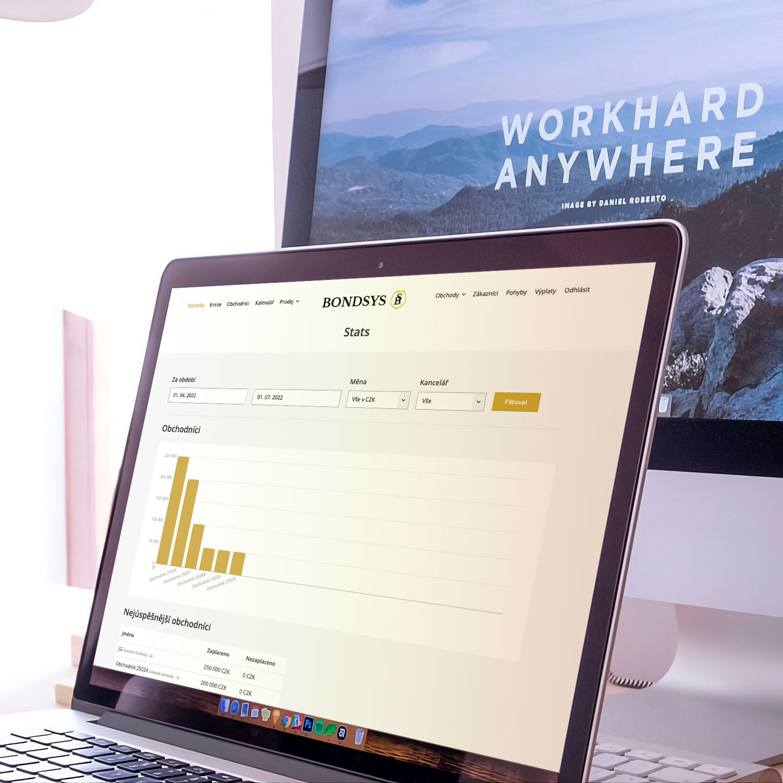laptop na stole s náhledem administrace Bondsys, v pozadí větší monitor s motivačním citátem, kancelář; MK-VISION