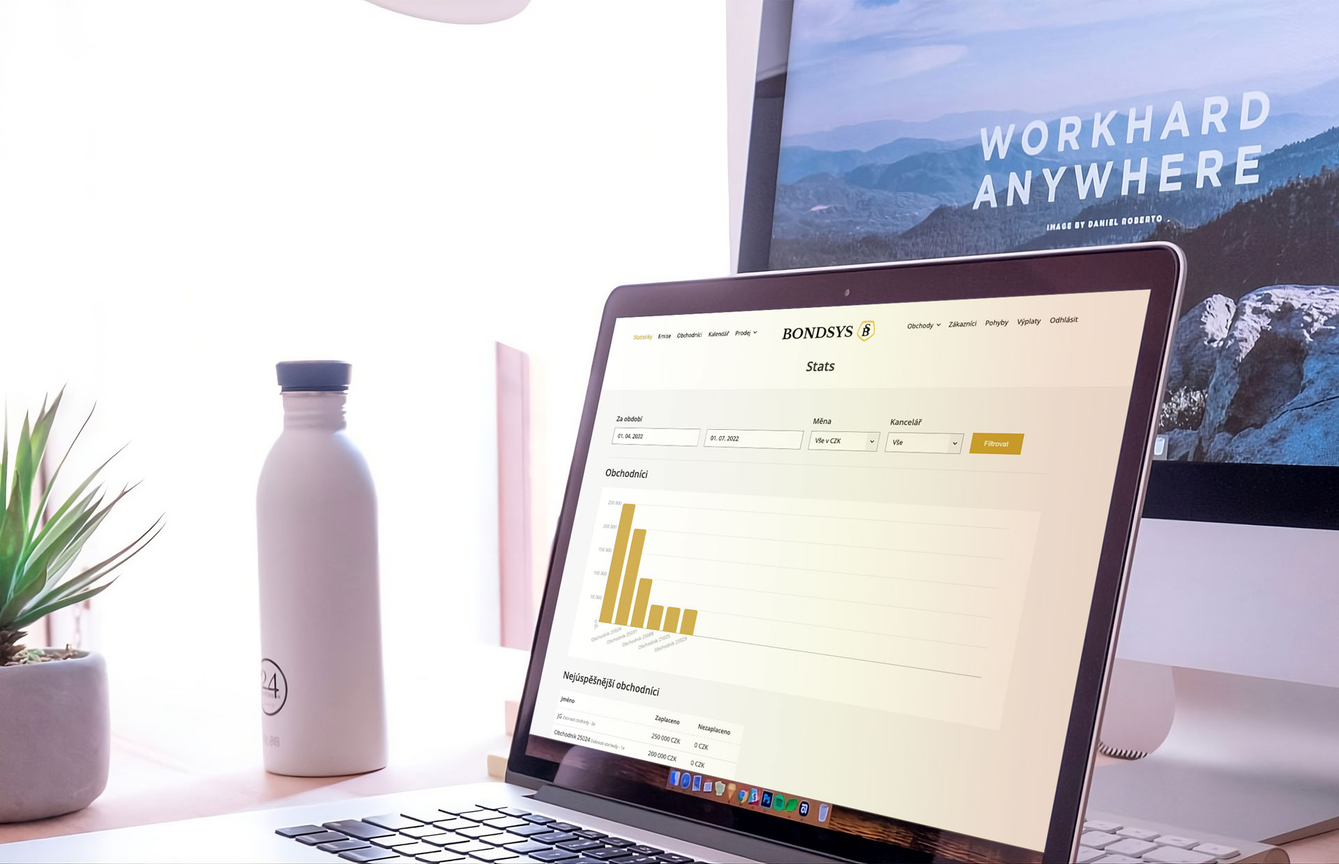 laptop na stole s náhledem administrace Bondsys, v pozadí větší monitor s motivačním citátem, kancelář; MK-VISION