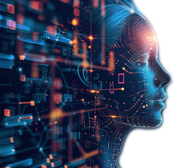 ilustrace AI - hlava ženy vystupující ze základní desky PC
