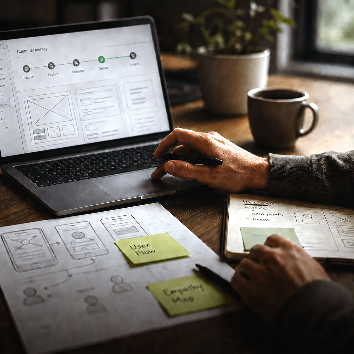 ilustrační obrázek pro user experience – pracovní stůl s laptopem a náčrtky; MK-VISION