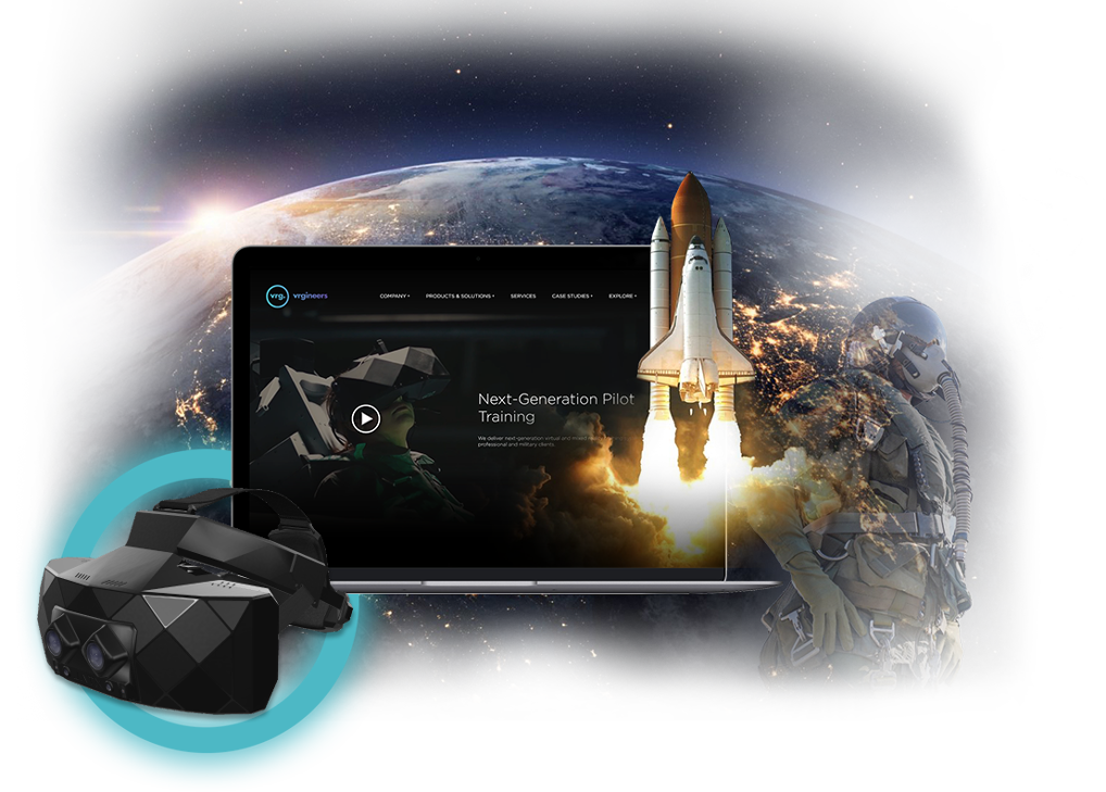 laptop s otevřeným webem Vrgineers, brýle virtuální reality, vzlétající raketoplán