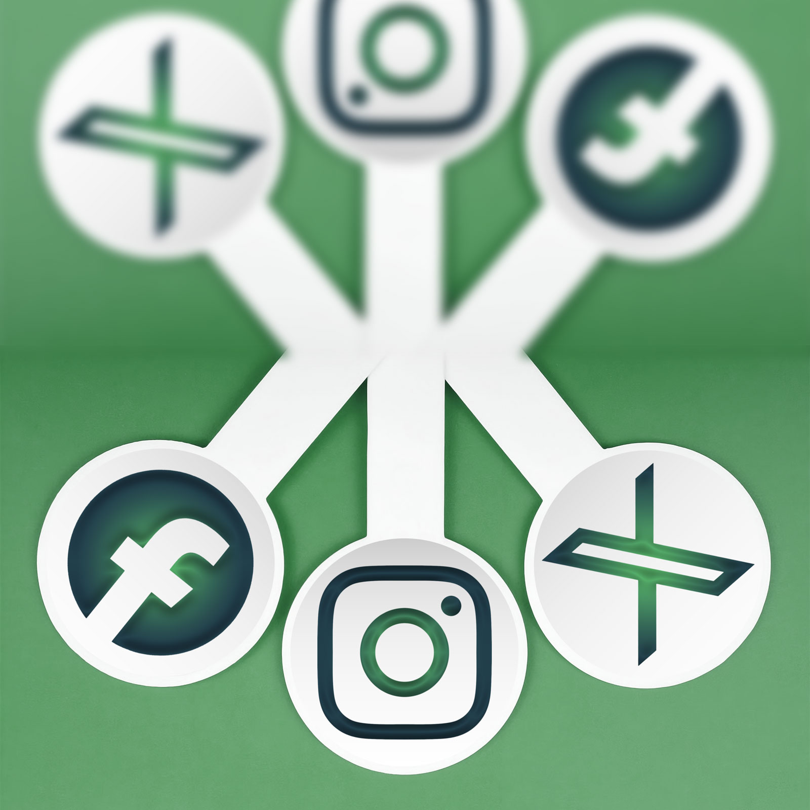 ilustrační obrázek k sociálním sítím – loga Facebook, Instagram, Twitter na "lízákách" na zeleném pozadí; MK-VISION